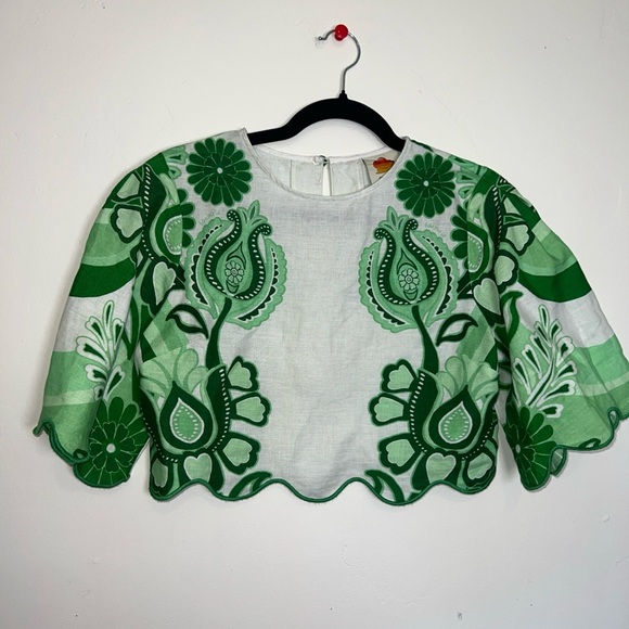 Farm Rio Festival 100% Linen Crop Top. Women’s Small. Green White Retail $175 - Picture 2 of 9